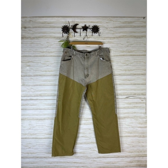 Wrangler Rugged Outdoor Wear Patch Reinforced Olive Khaki Jeans 42x30 - Picture 1 of 6